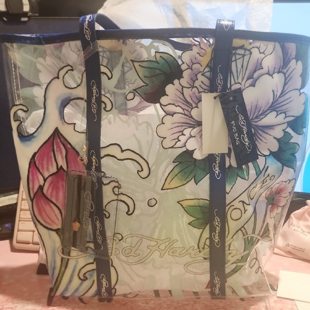Ed Hardy Blue and Pink Floral Tote Bag - Picture 2 of 4